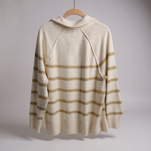Aerie Womens Collared Pullover Sweater Cream Gold Striped Long Sleeve Medium - Picture 2 of 3
